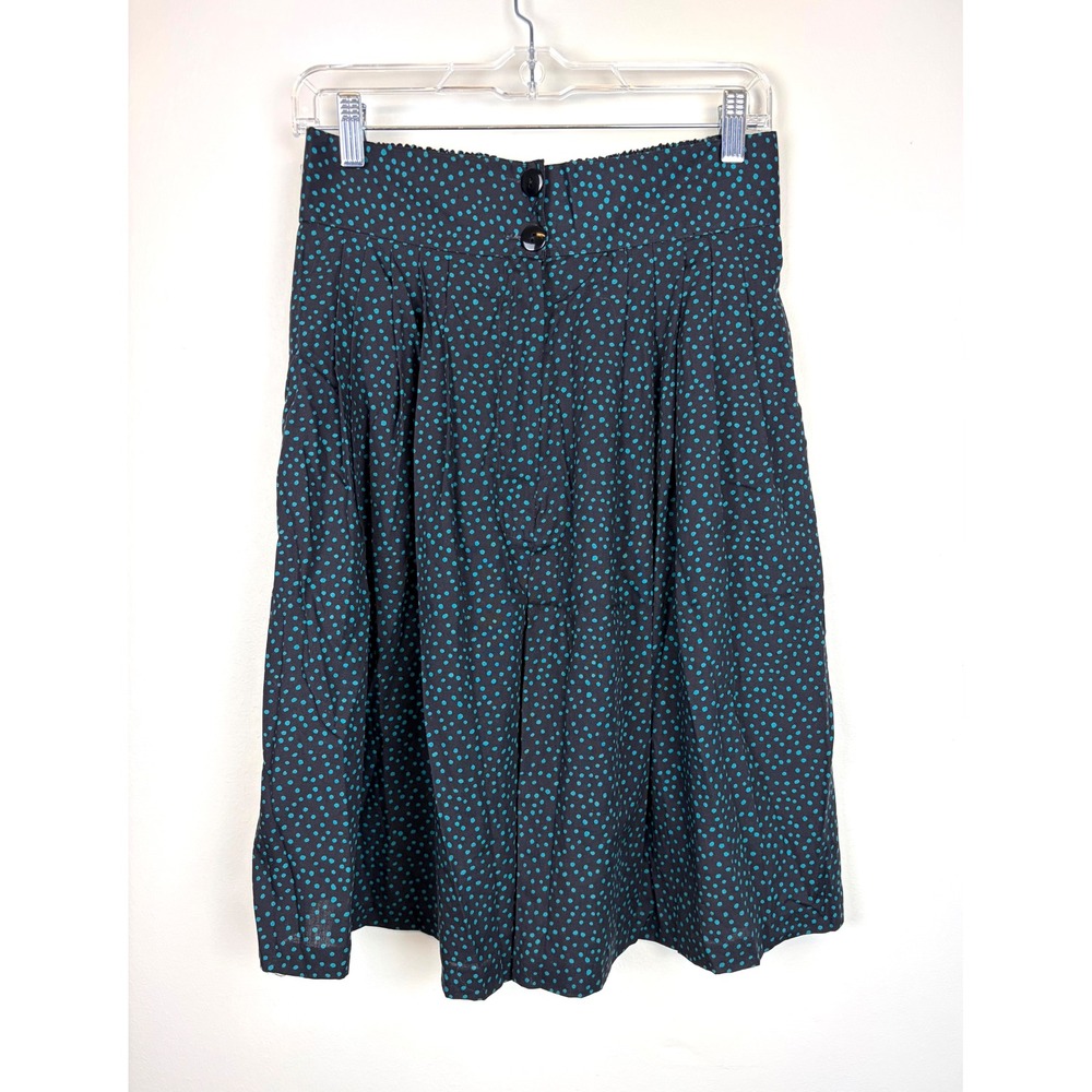 Vintage Marilyn Culottes Large Black Teal Polka Dot 80s High Waist Wide Leg